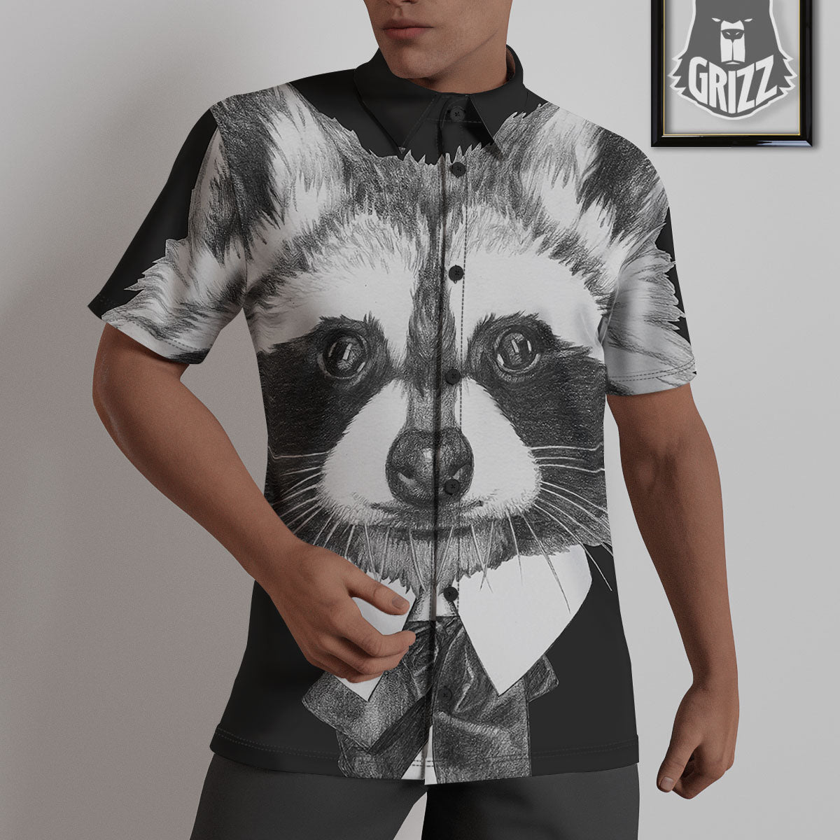 Portrait Raccoon Print Untucked Shirts-grizzshop