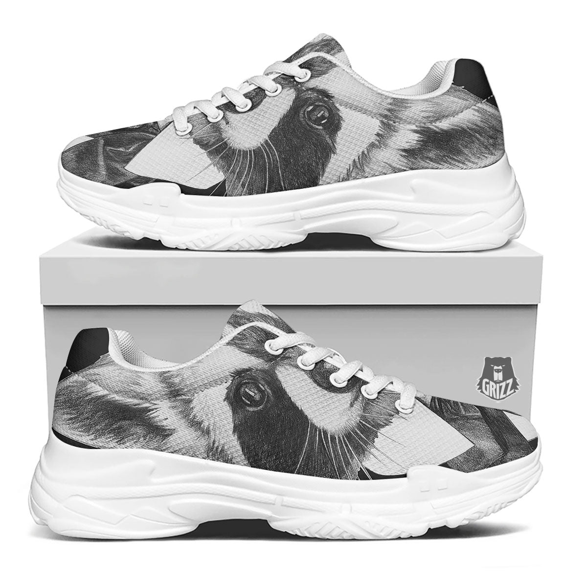 Portrait Raccoon Print White Chunky Shoes-grizzshop
