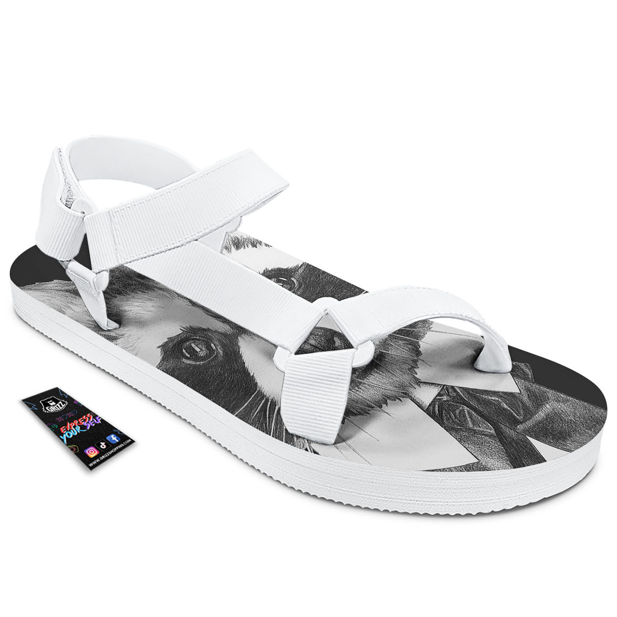 Portrait Raccoon Print White Open Toe Sandals-grizzshop