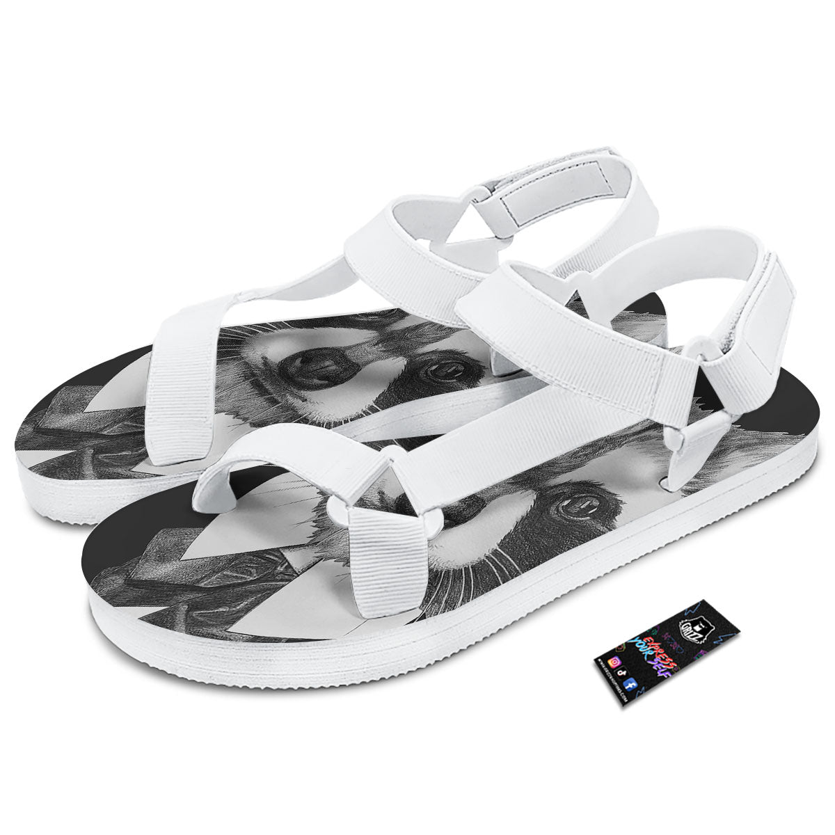 Portrait Raccoon Print White Open Toe Sandals-grizzshop