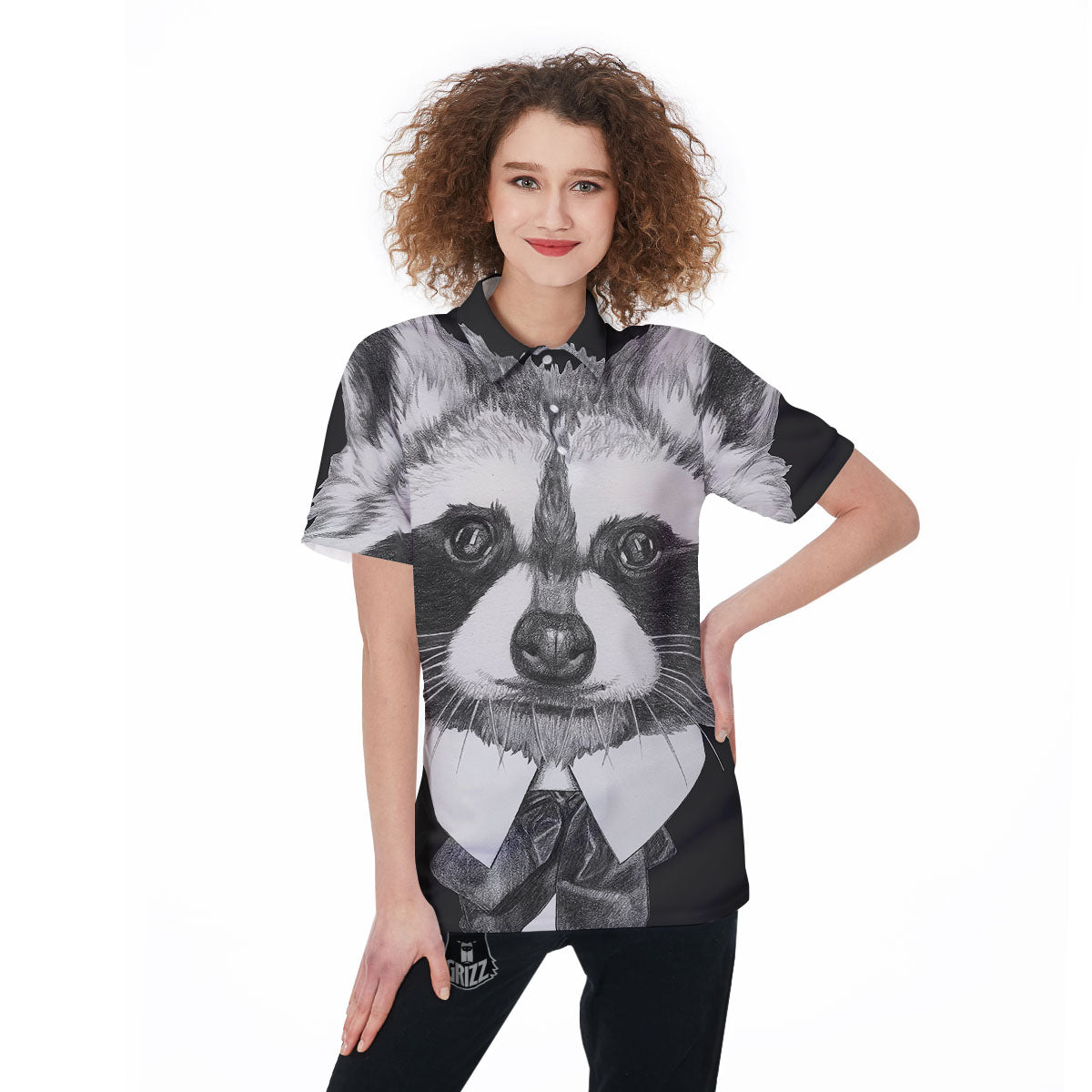 Portrait Raccoon Print Women's Golf Shirts-grizzshop