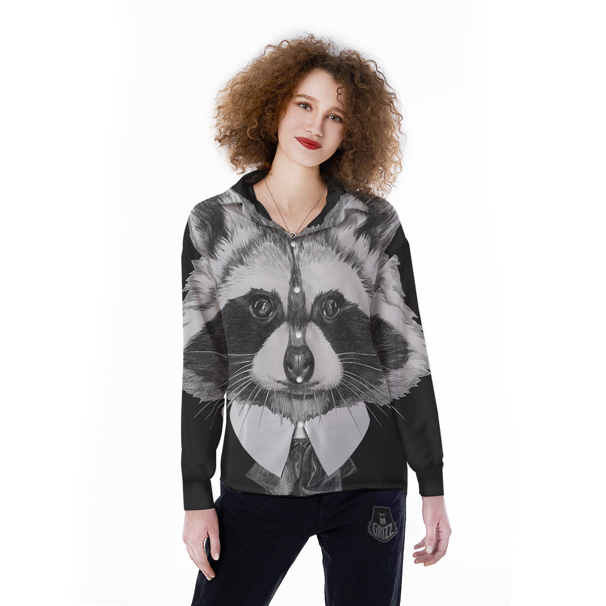 Portrait Raccoon Print Women's Long Sleeve Shirts-grizzshop