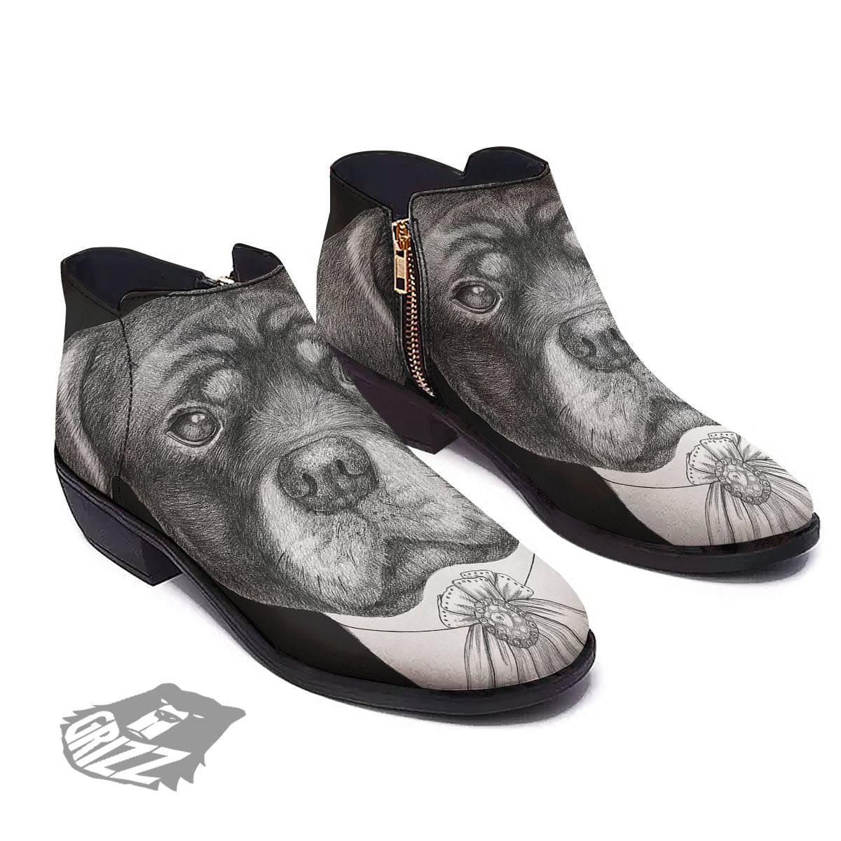 Portrait Rottweiler Vintage Print Ankle Boots-grizzshop