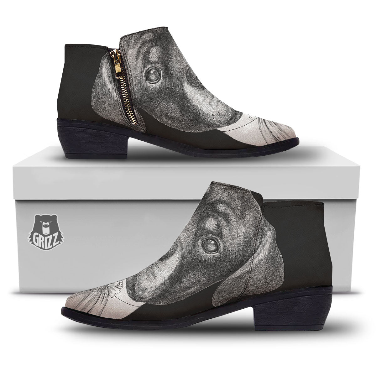 Portrait Rottweiler Vintage Print Ankle Boots-grizzshop