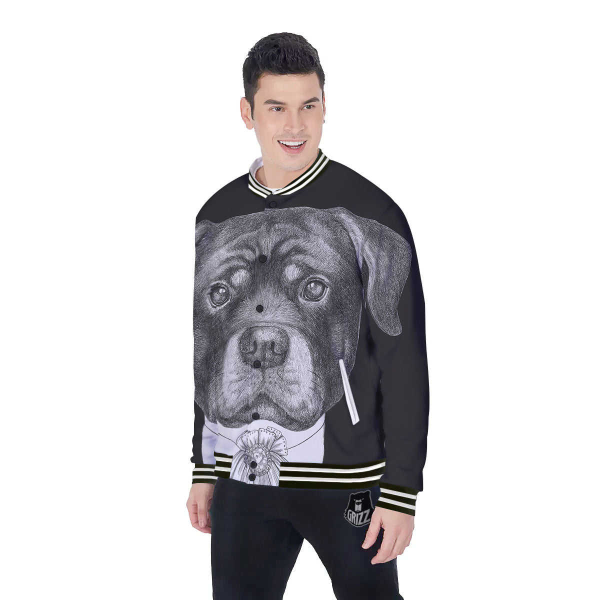 Portrait Rottweiler Vintage Print Baseball Jacket-grizzshop