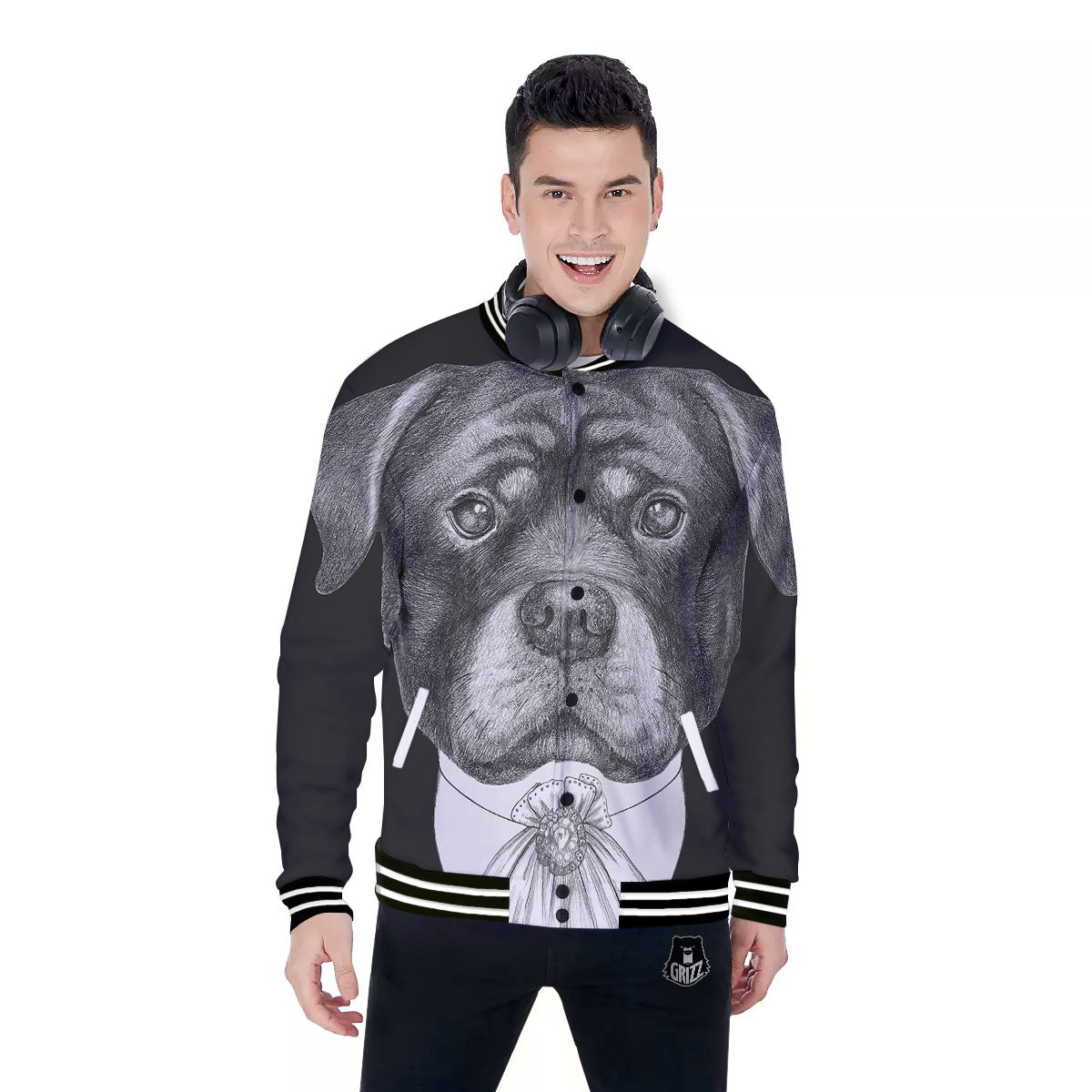 Portrait Rottweiler Vintage Print Baseball Jacket-grizzshop