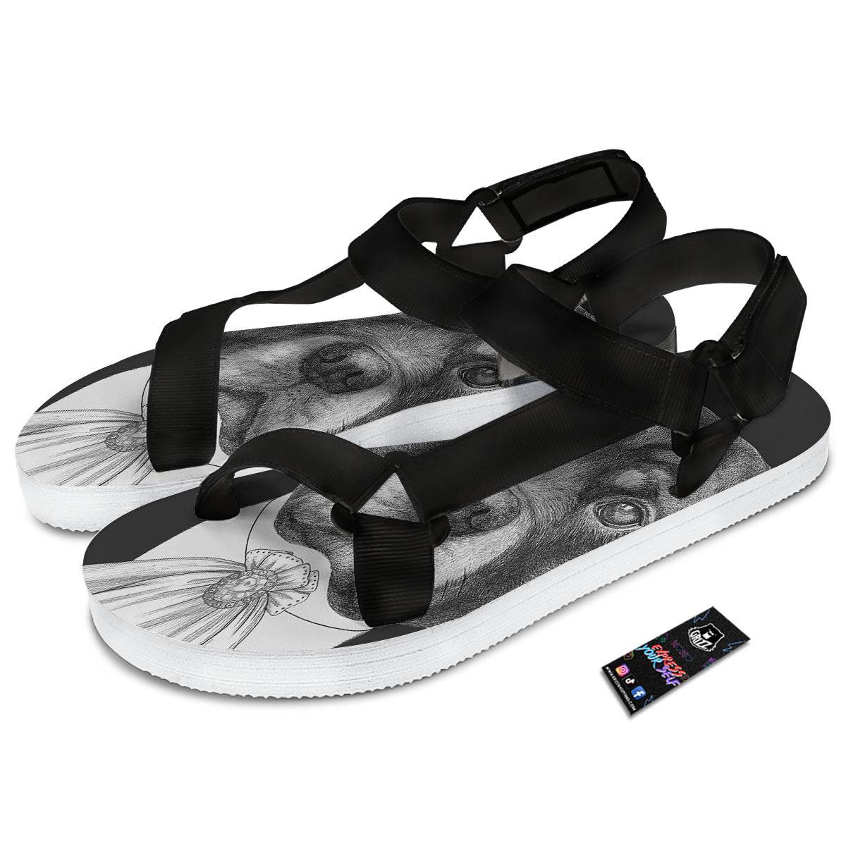 Portrait Rottweiler Vintage Print Black Open Toe Sandals-grizzshop
