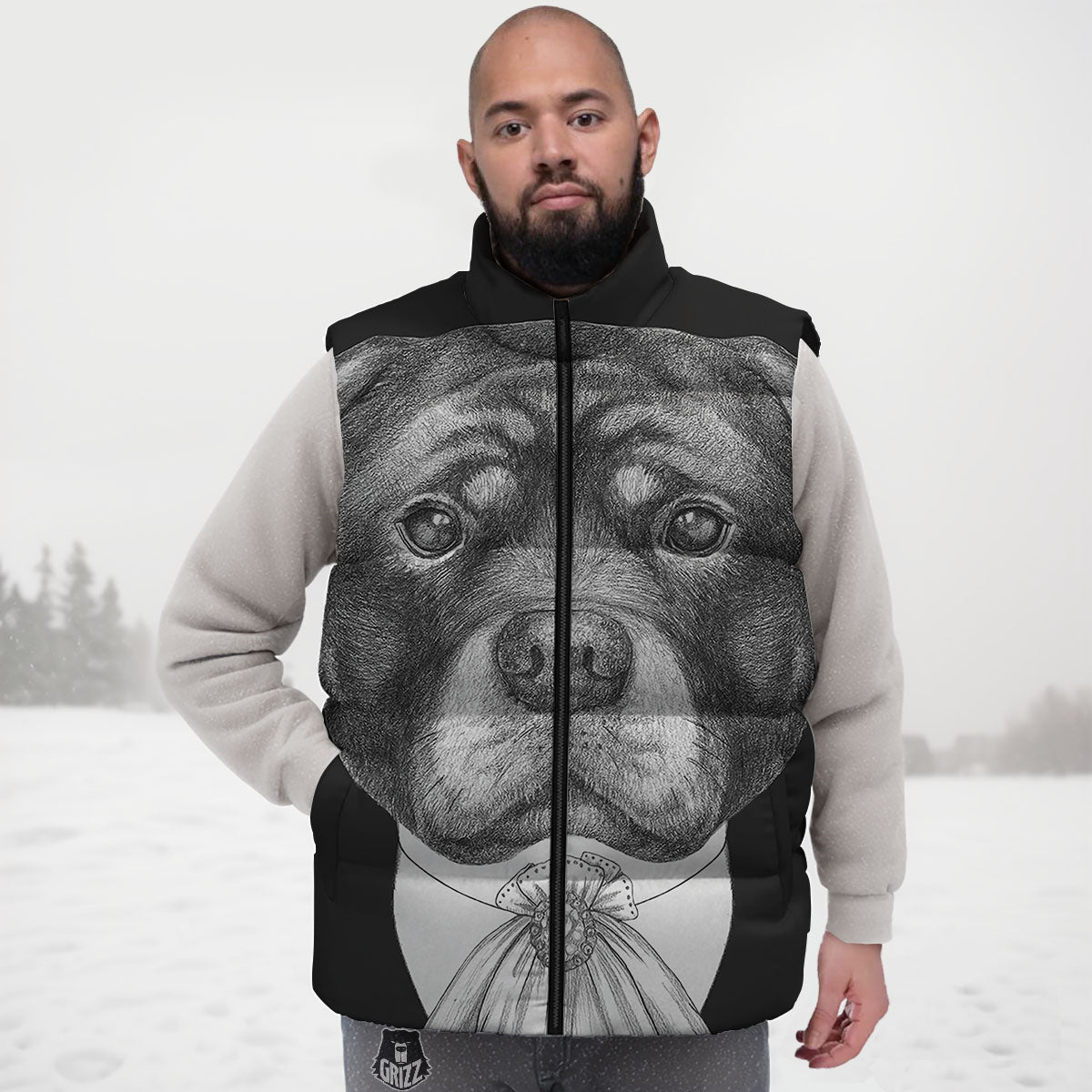 Portrait Rottweiler Vintage Print Down Vest