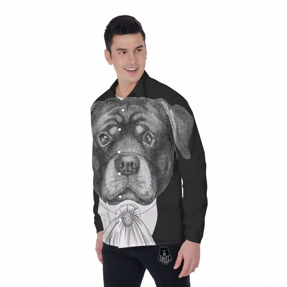 Portrait Rottweiler Vintage Print Men's Long Sleeve Shirts-grizzshop