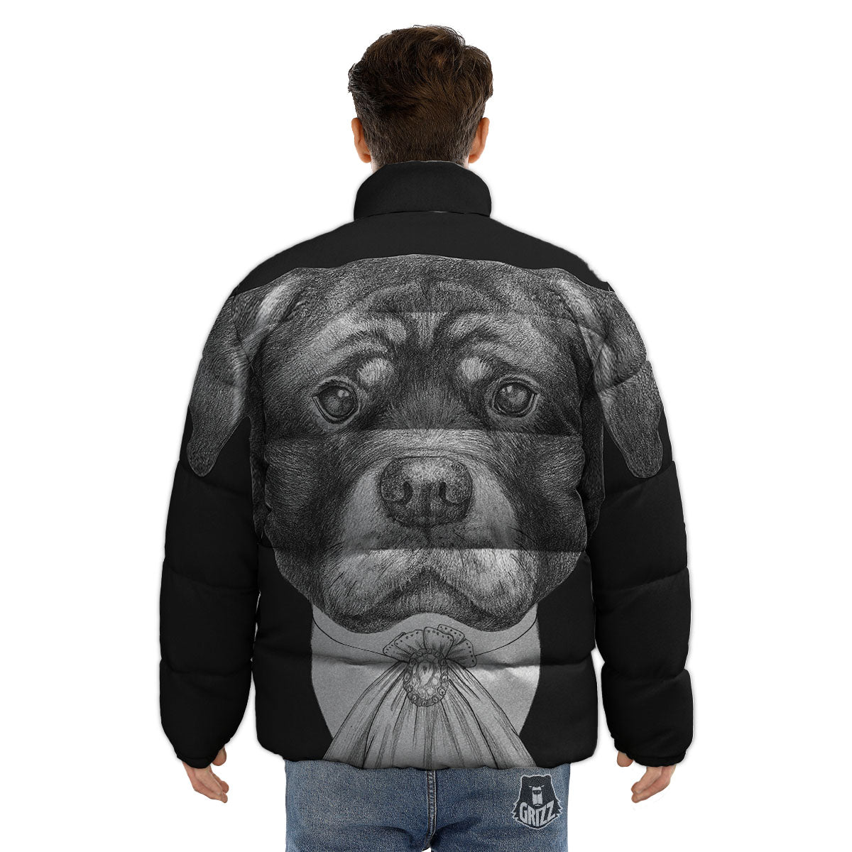Portrait Rottweiler Vintage Print Puffer Jacket-grizzshop