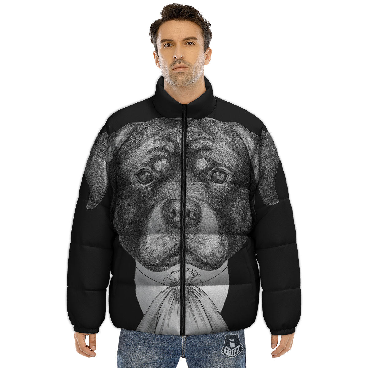 Portrait Rottweiler Vintage Print Puffer Jacket-grizzshop