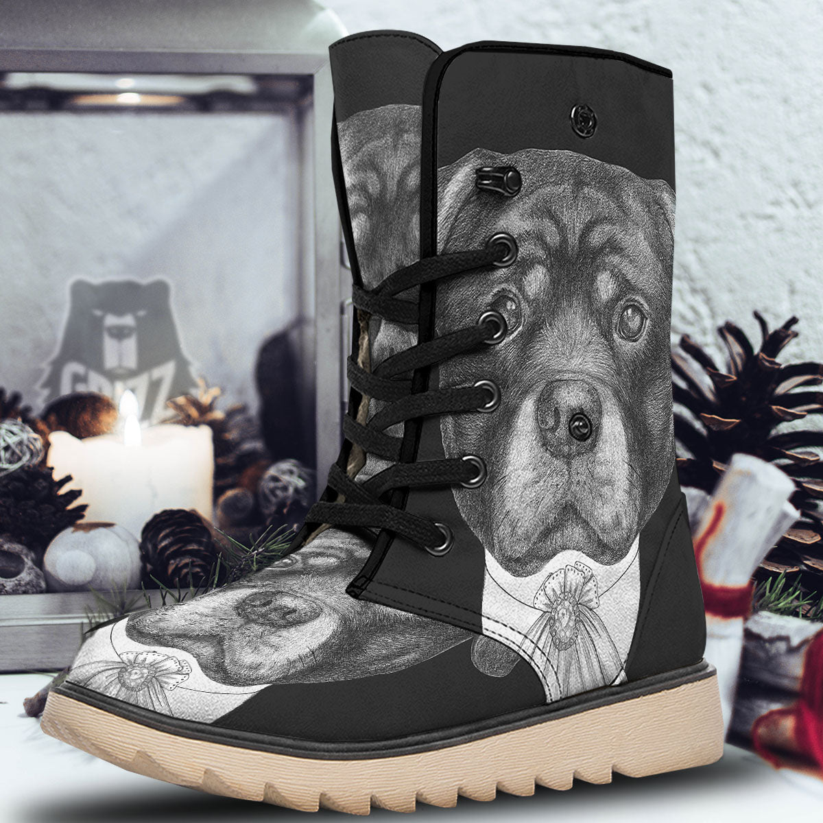 Portrait Rottweiler Vintage Print Snow Boots-grizzshop
