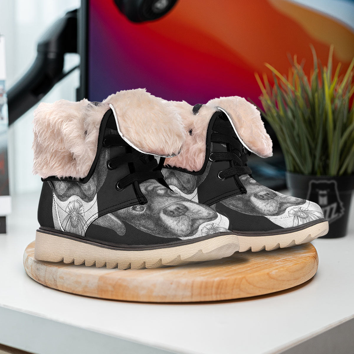 Portrait Rottweiler Vintage Print Snow Boots-grizzshop