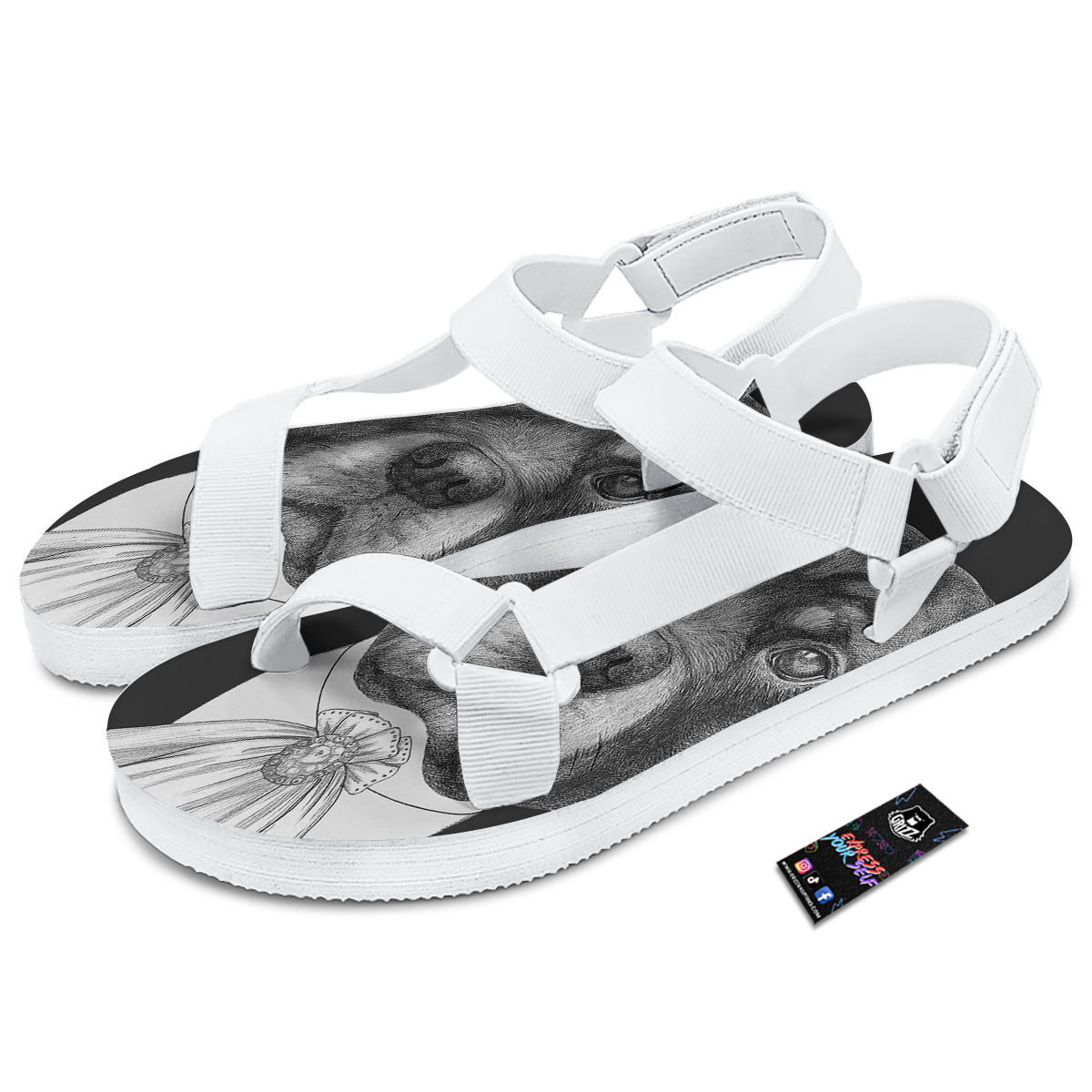 Portrait Rottweiler Vintage Print White Open Toe Sandals-grizzshop