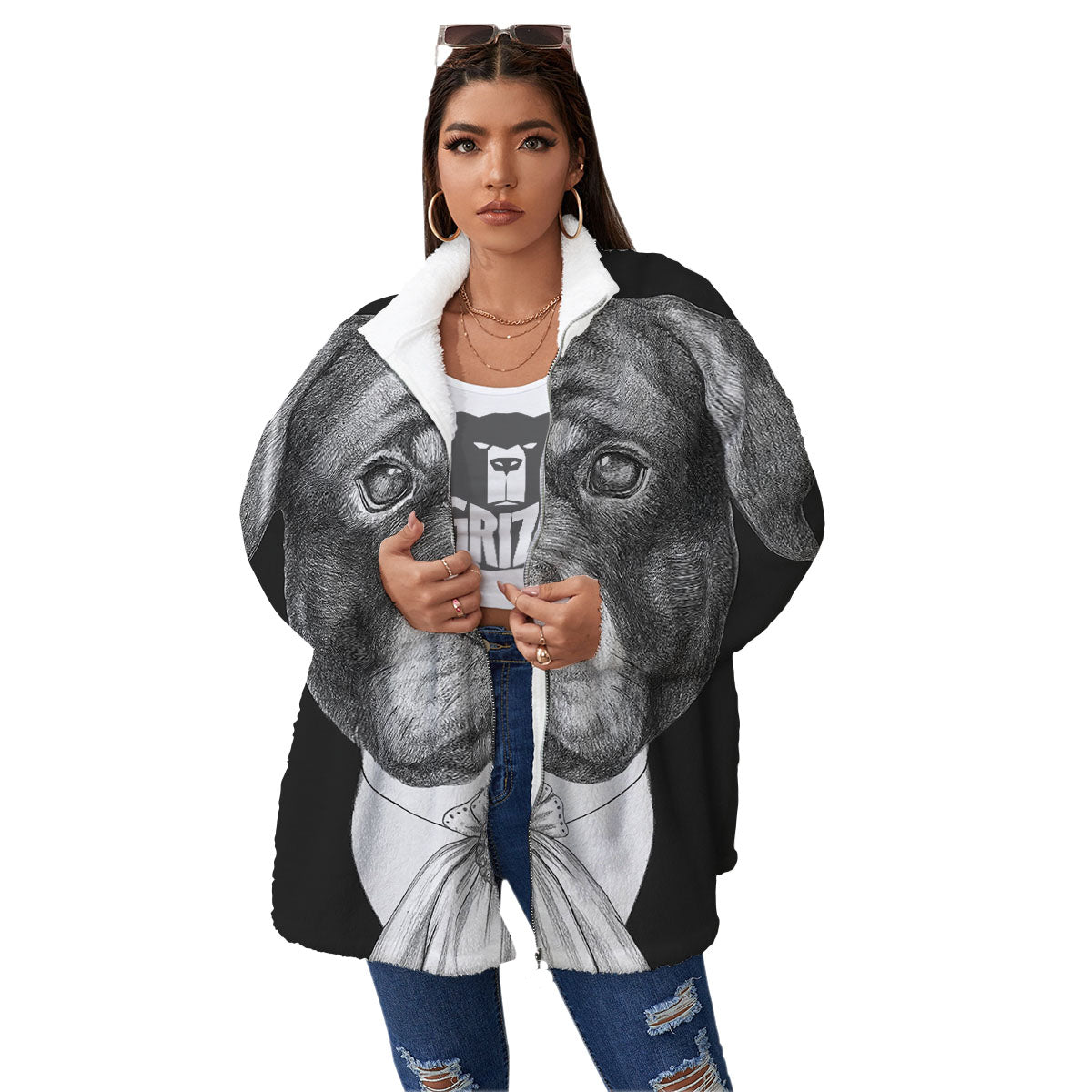 Portrait Rottweiler Vintage Print Women's Sherpa Jacket-grizzshop
