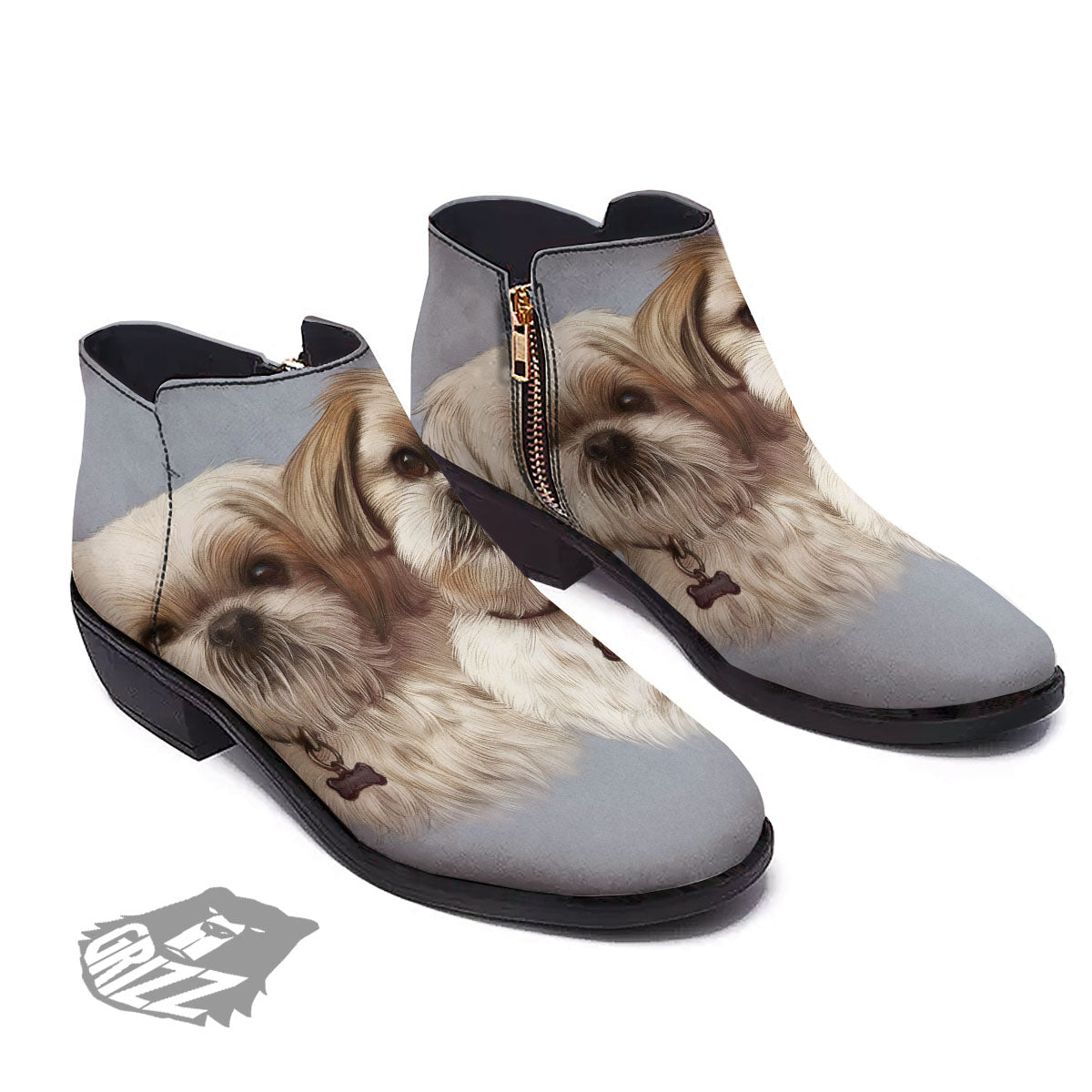 Portrait Shih Tzu Print Ankle Boots-grizzshop