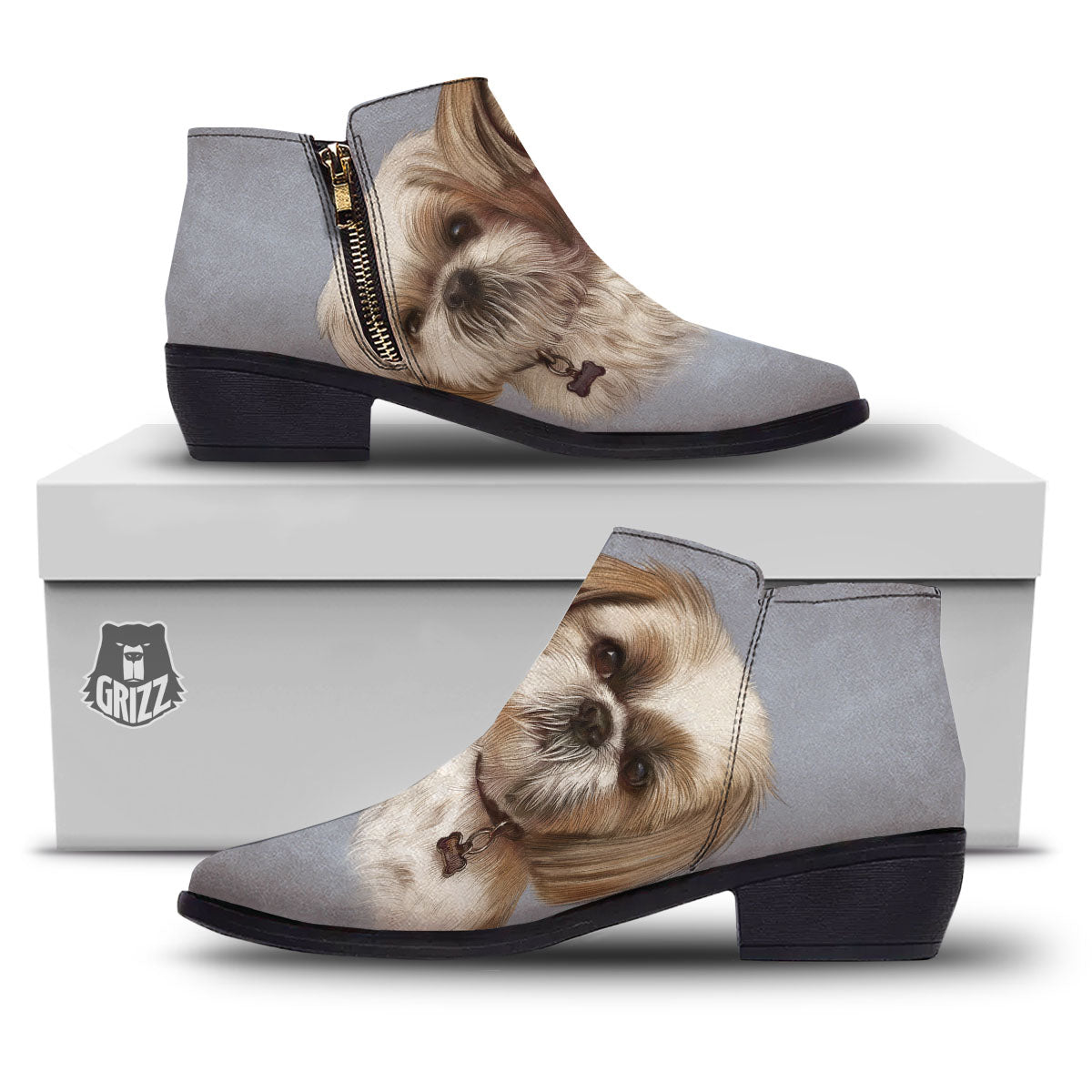Portrait Shih Tzu Print Ankle Boots-grizzshop
