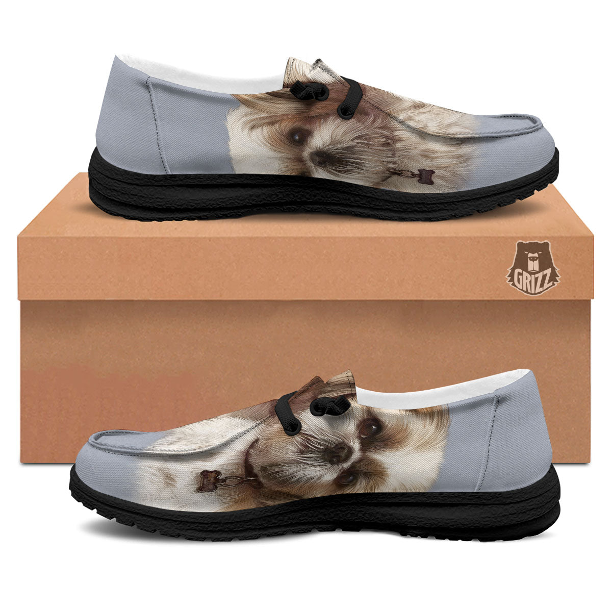 Portrait Shih Tzu Print Black Loafers-grizzshop