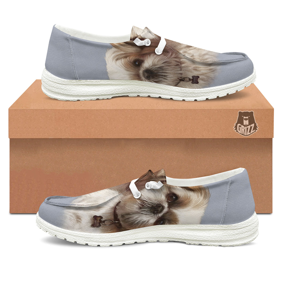 Portrait Shih Tzu Print Black Loafers-grizzshop