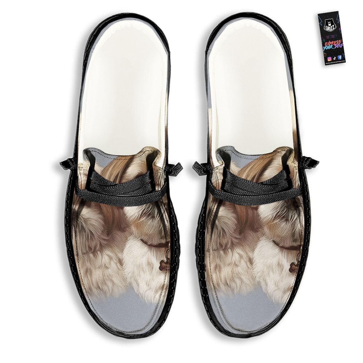 Portrait Shih Tzu Print Black Loafers-grizzshop