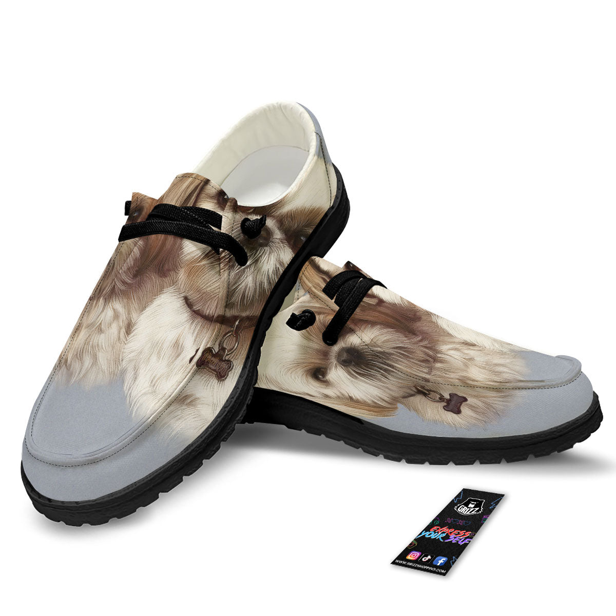 Portrait Shih Tzu Print Black Loafers-grizzshop
