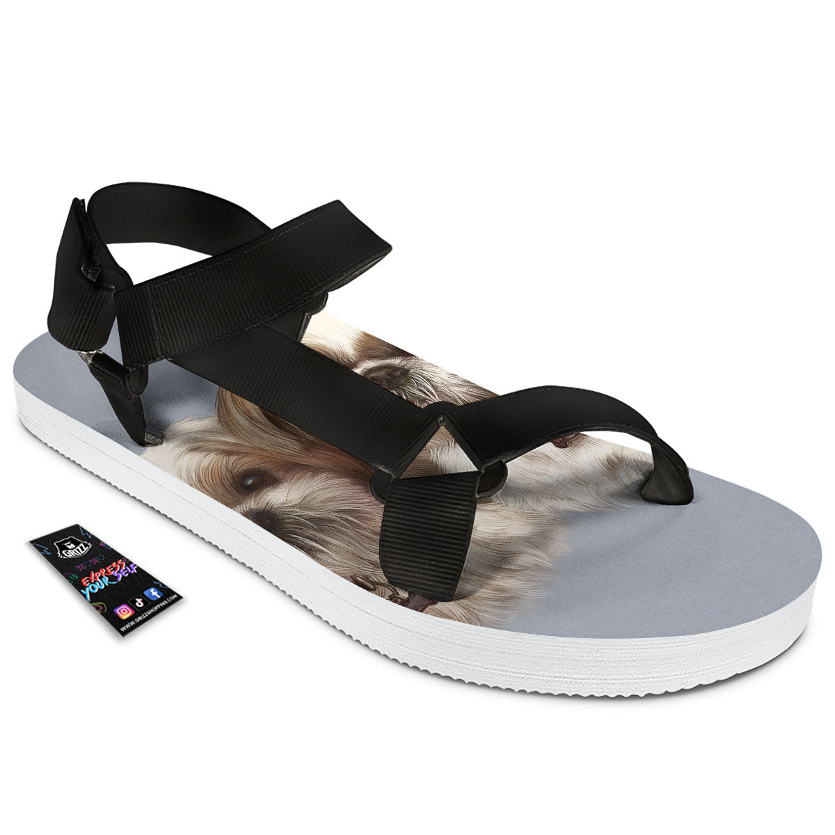 Portrait Shih Tzu Print Black Open Toe Sandals-grizzshop