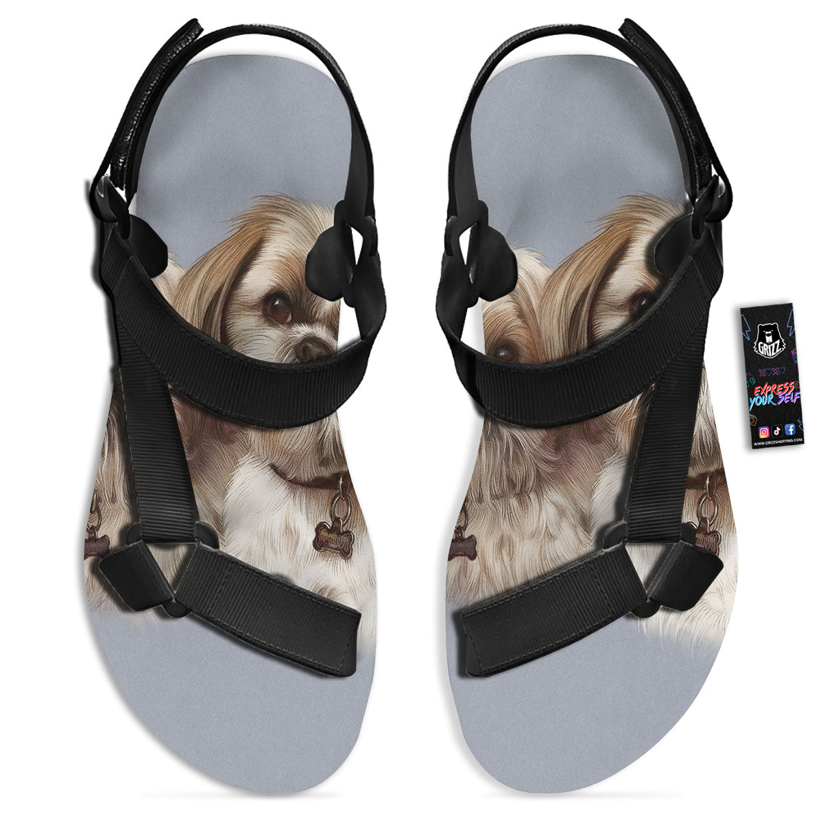 Portrait Shih Tzu Print Black Open Toe Sandals-grizzshop