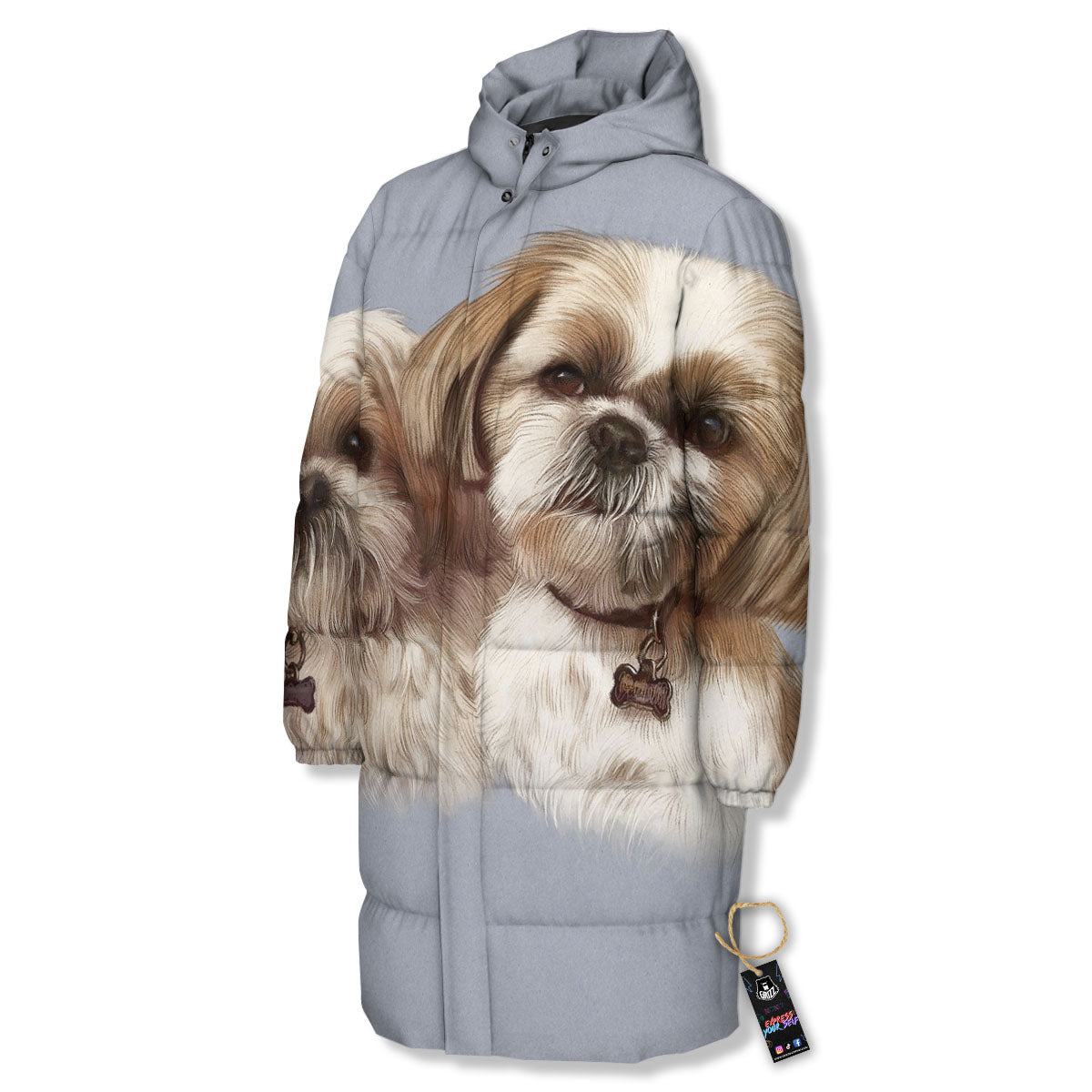 Portrait Shih Tzu Print Long Down Jacket-grizzshop
