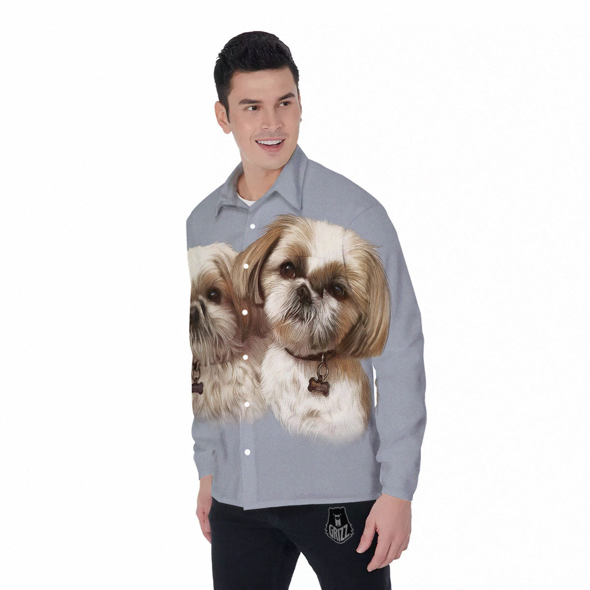Portrait Shih Tzu Print Men's Long Sleeve Shirts-grizzshop