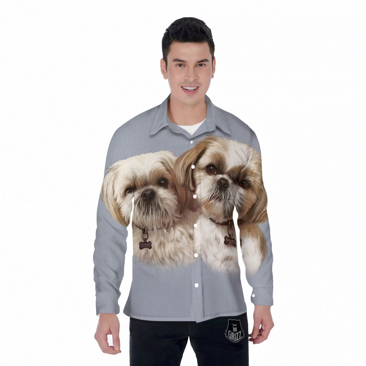 Portrait Shih Tzu Print Men's Long Sleeve Shirts-grizzshop