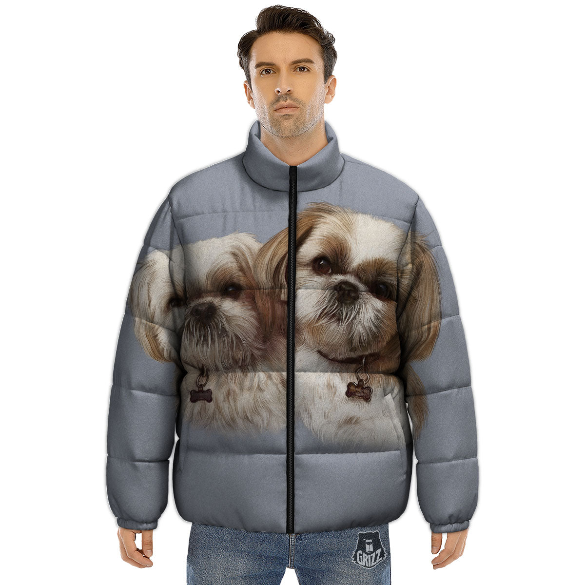 Portrait Shih Tzu Print Puffer Jacket-grizzshop