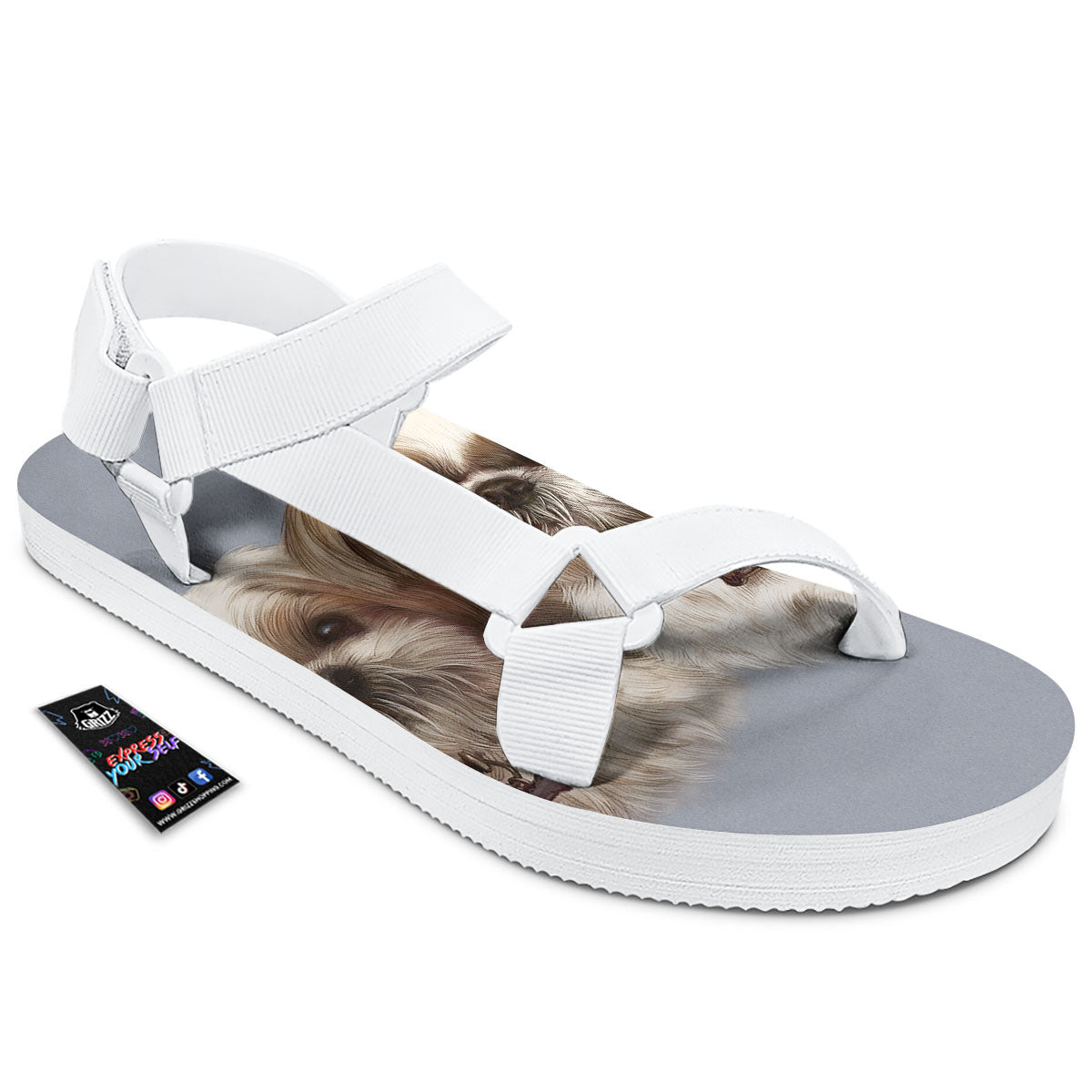 Portrait Shih Tzu Print White Open Toe Sandals-grizzshop