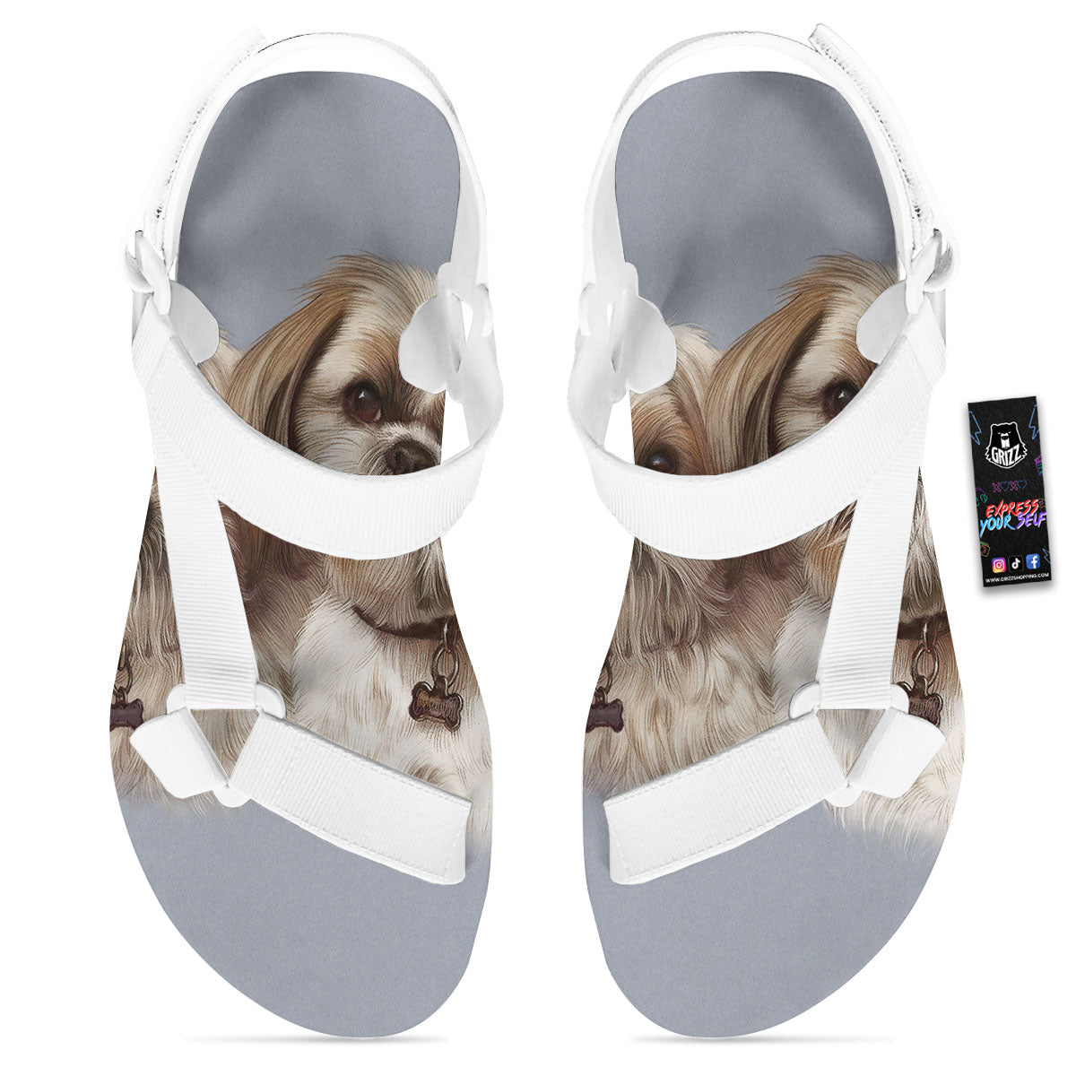 Portrait Shih Tzu Print White Open Toe Sandals-grizzshop