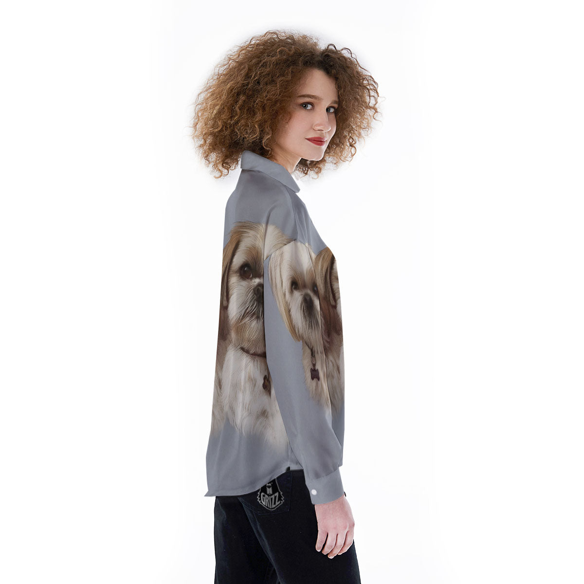 Portrait Shih Tzu Print Women's Long Sleeve Shirts-grizzshop