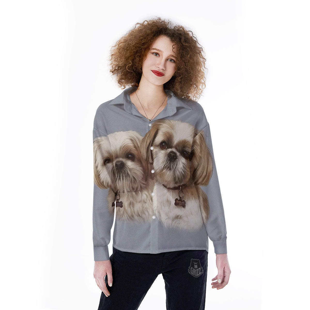 Portrait Shih Tzu Print Women's Long Sleeve Shirts-grizzshop