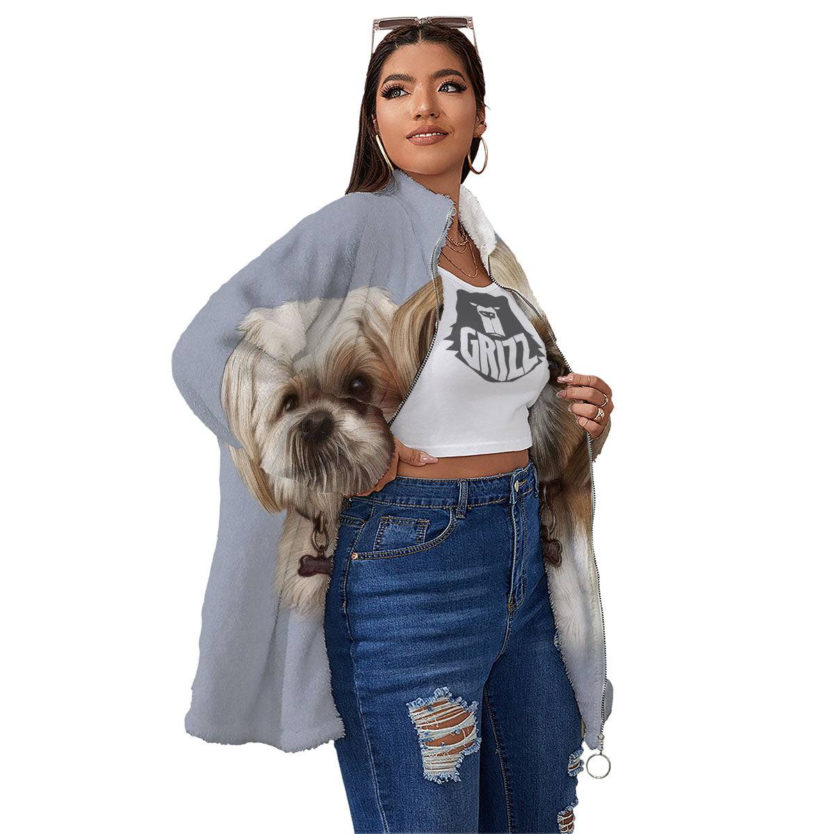 Portrait Shih Tzu Print Women's Sherpa Jacket-grizzshop