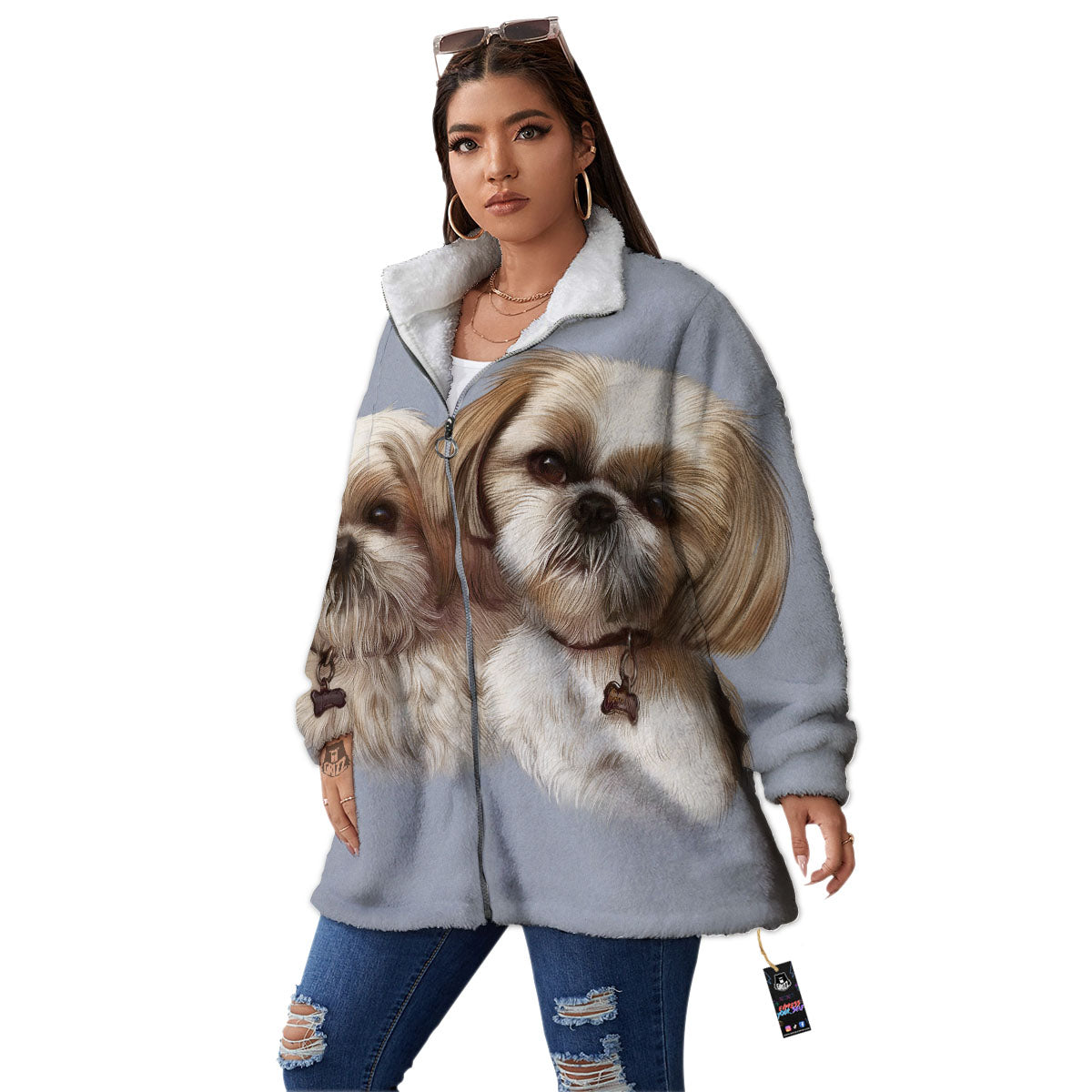 Portrait Shih Tzu Print Women's Sherpa Jacket-grizzshop