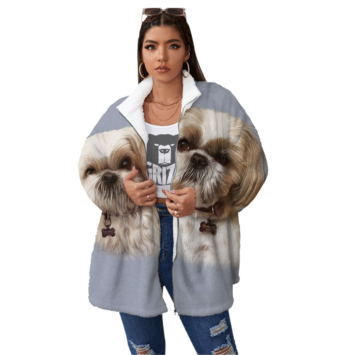 Portrait Shih Tzu Print Women's Sherpa Jacket-grizzshop