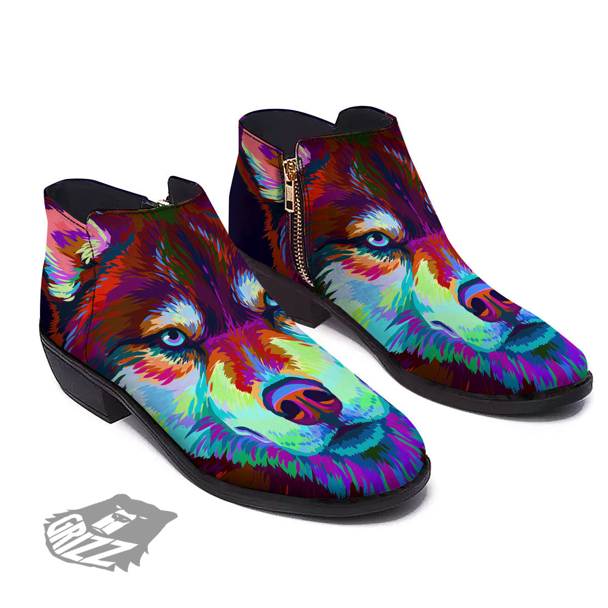 Portrait Siberian Husky Print Ankle Boots-grizzshop