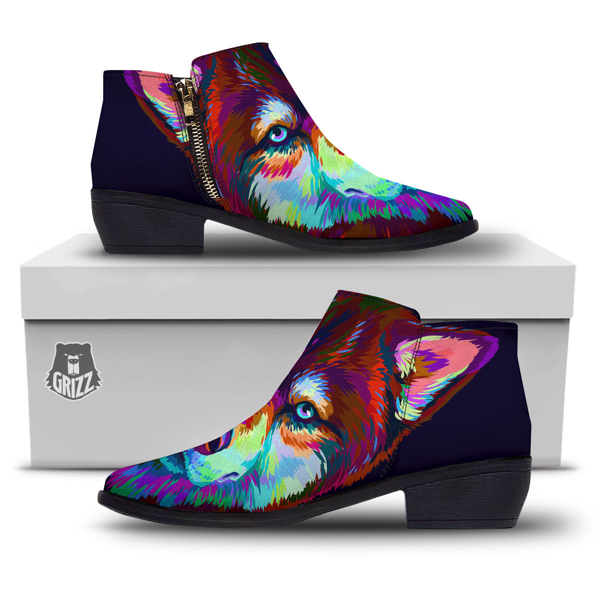 Portrait Siberian Husky Print Ankle Boots-grizzshop
