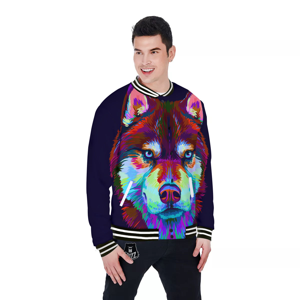 Portrait Siberian Husky Print Baseball Jacket-grizzshop