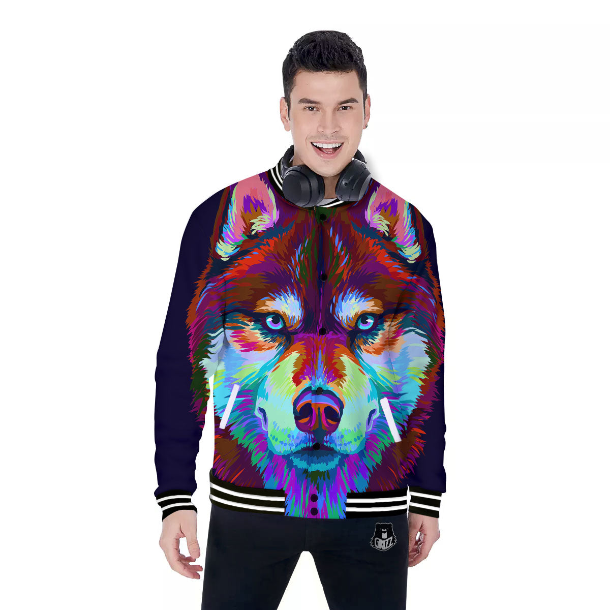 Portrait Siberian Husky Print Baseball Jacket-grizzshop