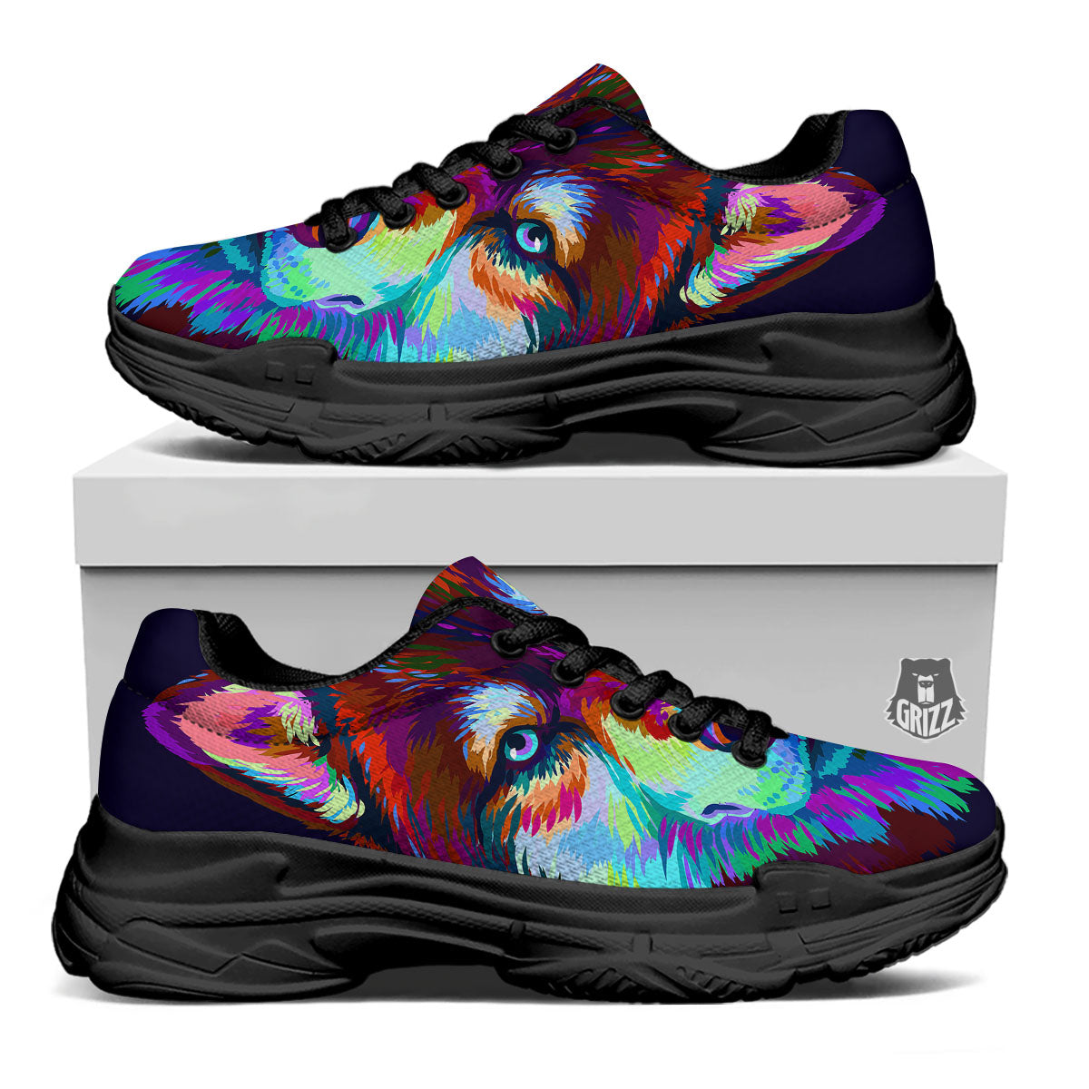 Portrait Siberian Husky Print Black Chunky Shoes-grizzshop