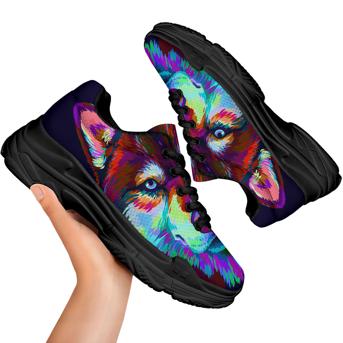 Portrait Siberian Husky Print Black Chunky Shoes-grizzshop