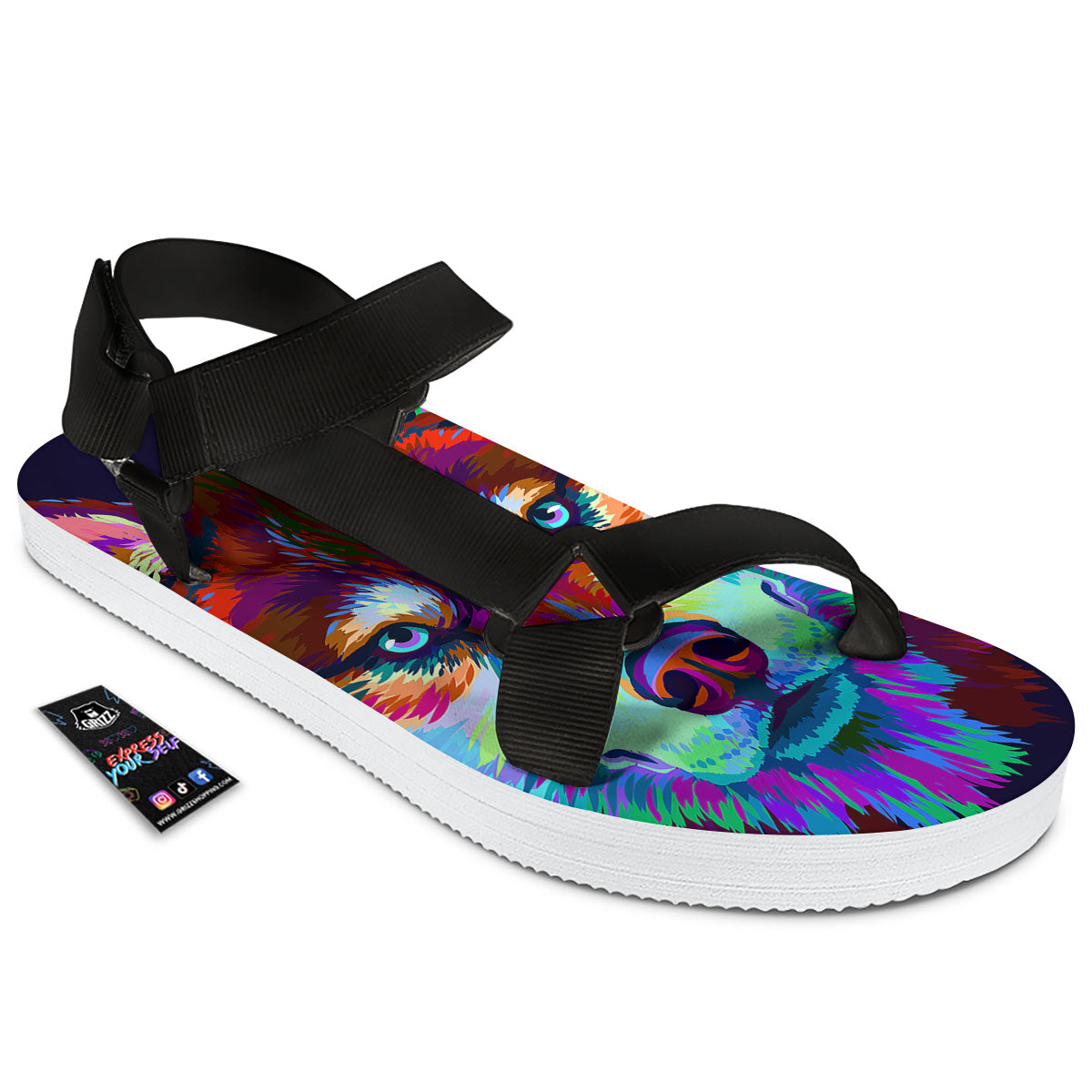 Portrait Siberian Husky Print Black Open Toe Sandals-grizzshop