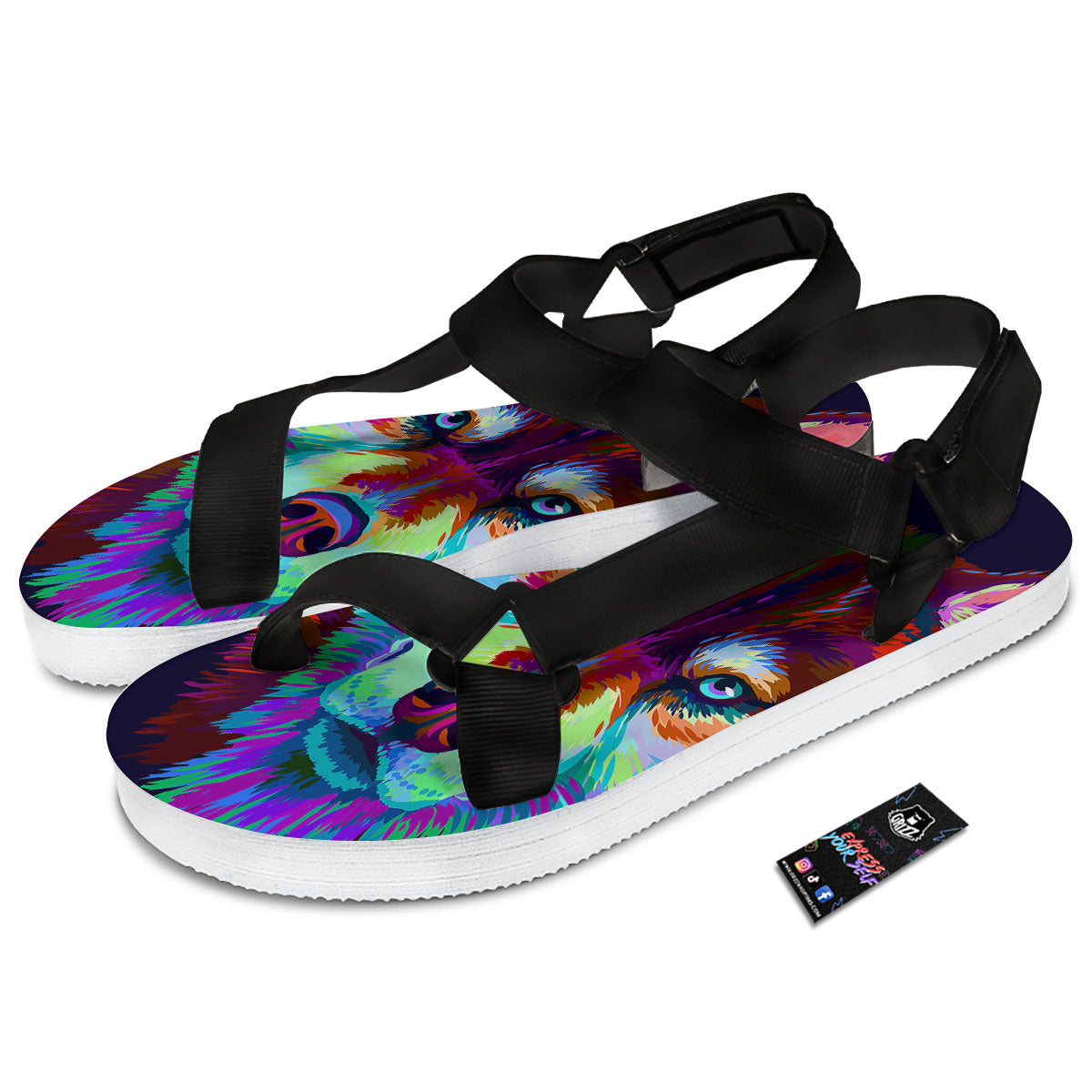 Portrait Siberian Husky Print Black Open Toe Sandals-grizzshop