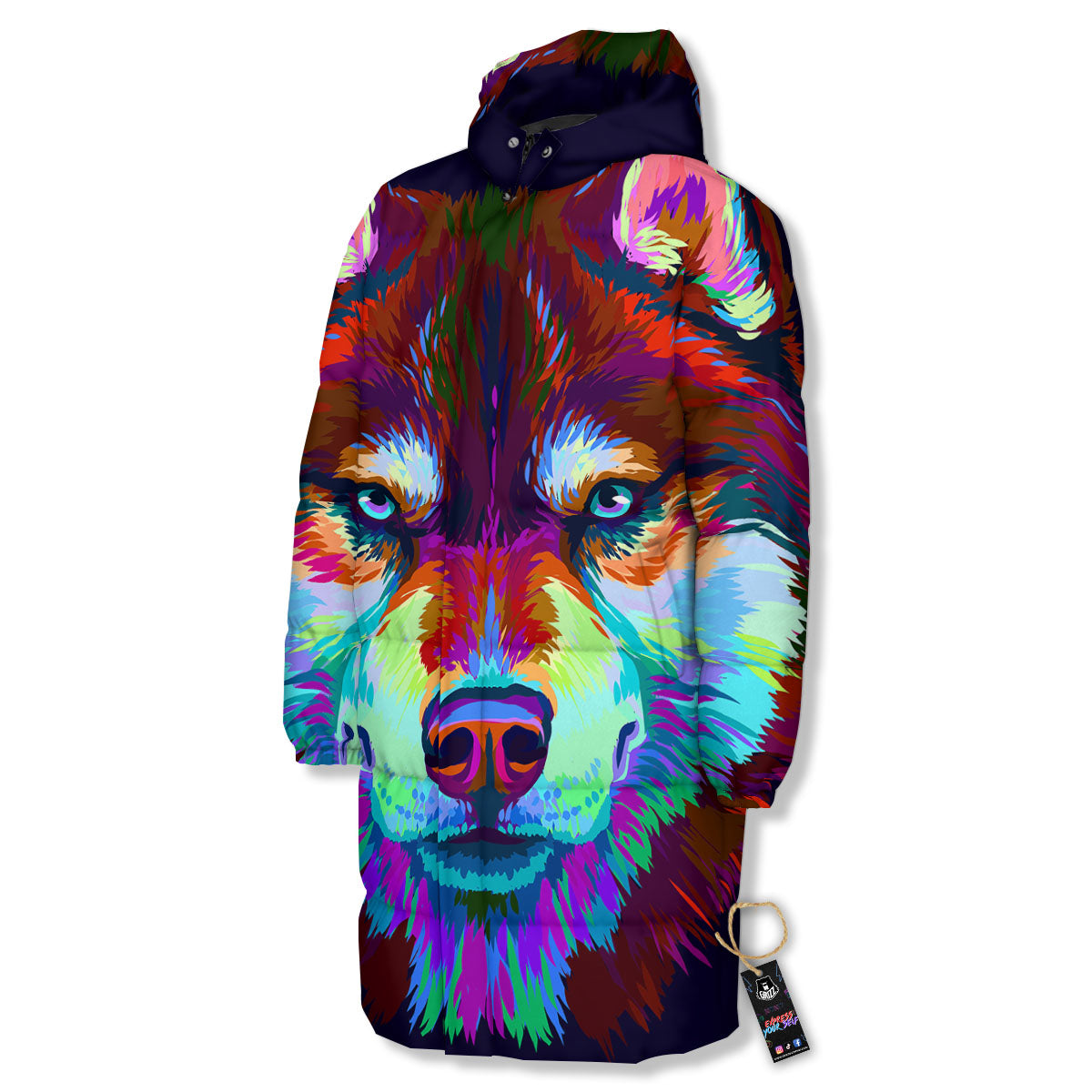 Portrait Siberian Husky Print Long Down Jacket-grizzshop