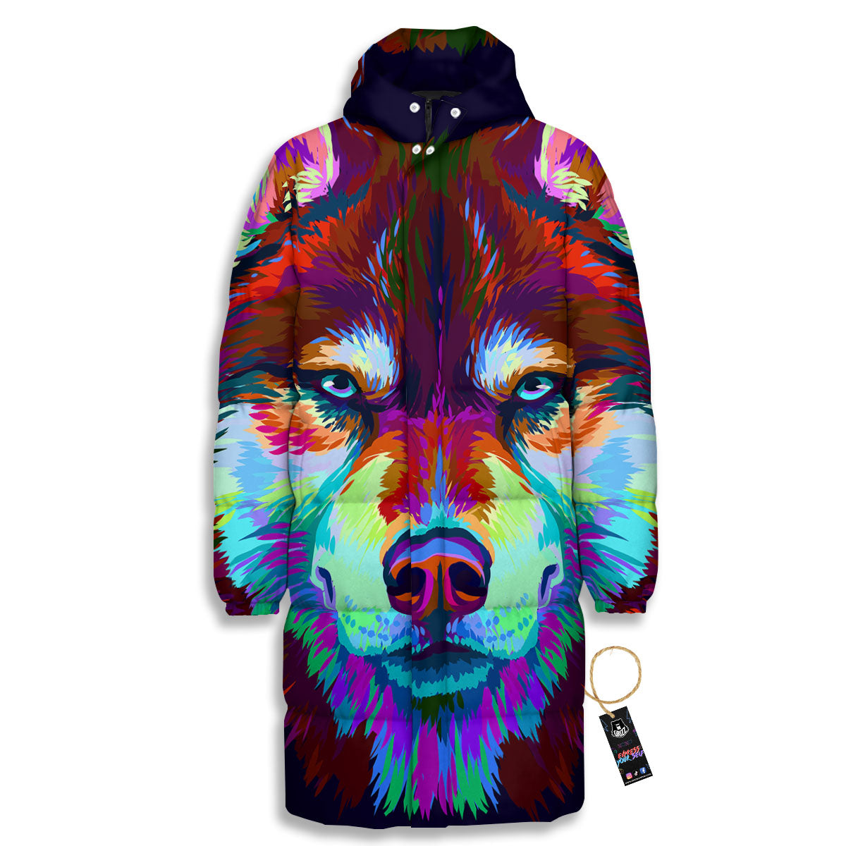 Portrait Siberian Husky Print Long Down Jacket-grizzshop