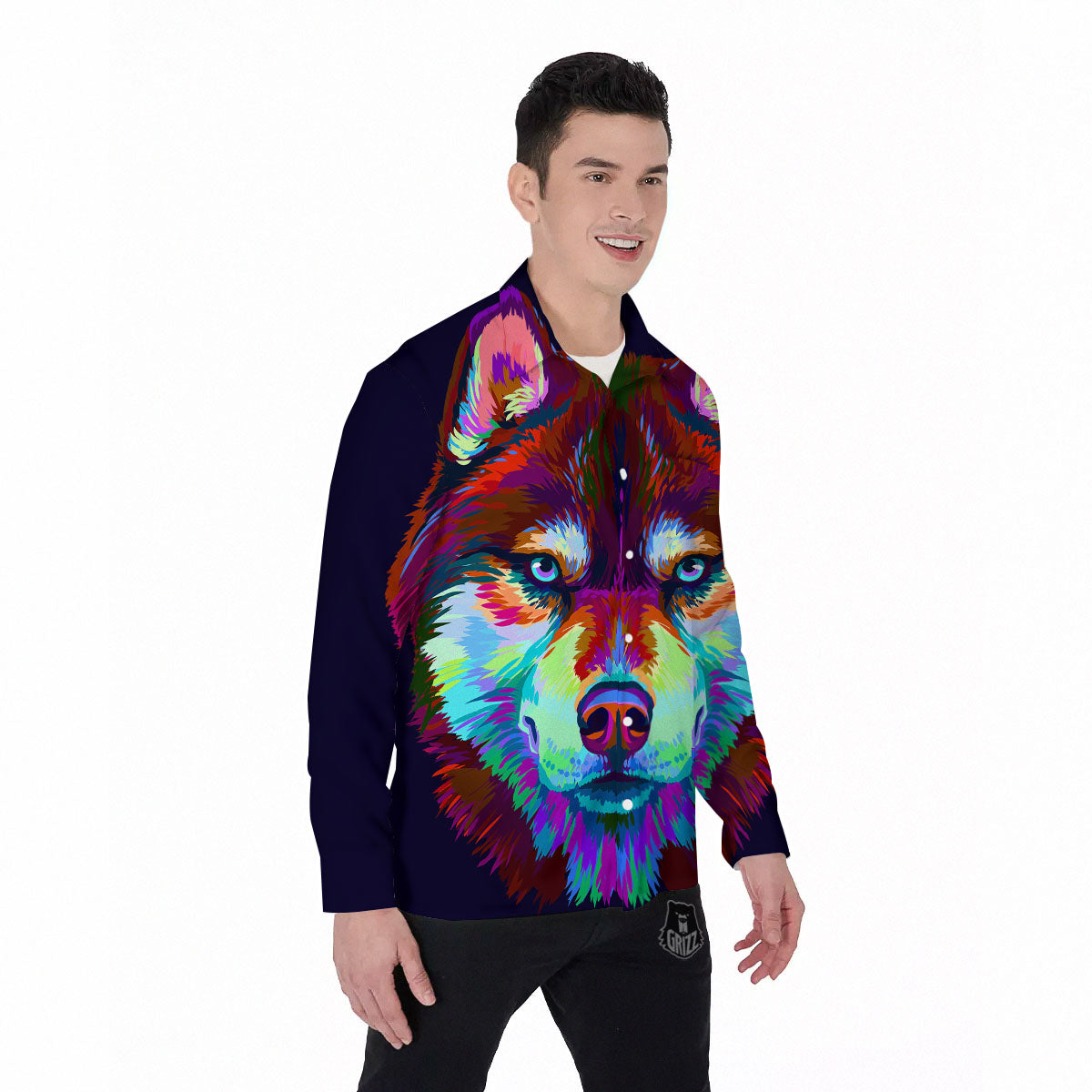 Portrait Siberian Husky Print Men's Long Sleeve Shirts-grizzshop