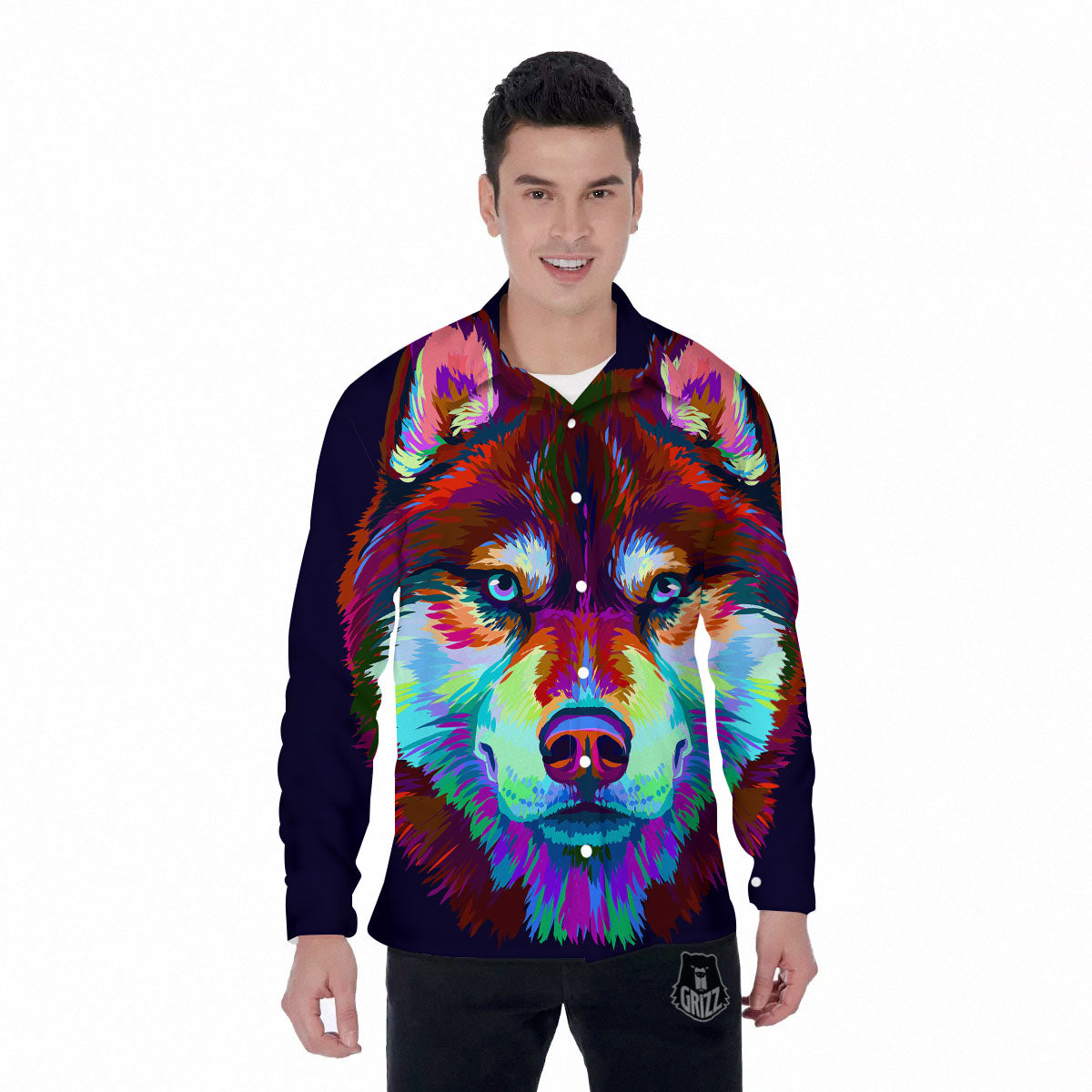Portrait Siberian Husky Print Men's Long Sleeve Shirts-grizzshop